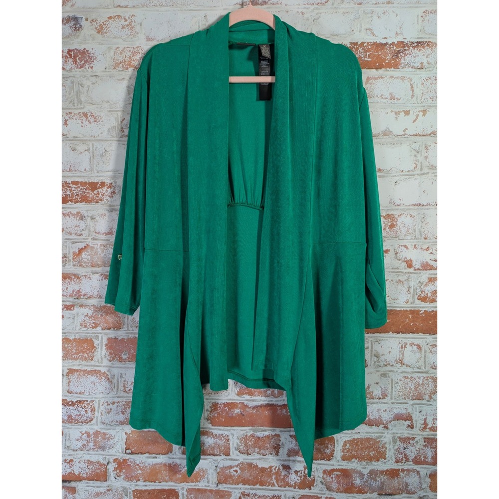 Chico's Travelers Cardigan Women 2 Green Open Front Draped Ribbed Jacket